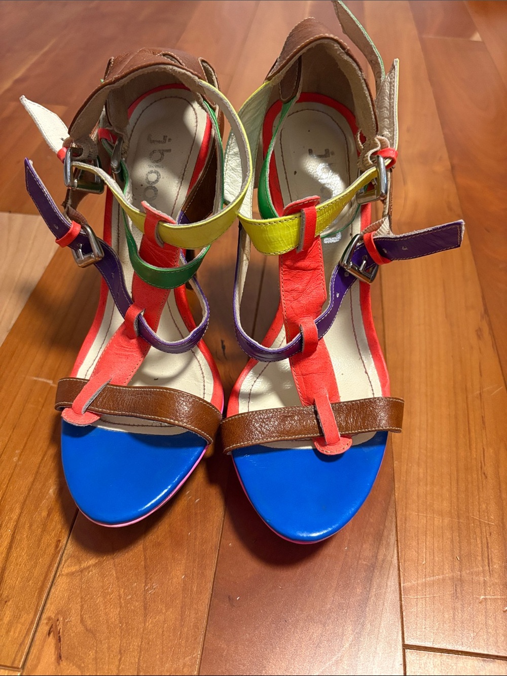 Multicolor Strappy High Heel Sandals by b.o.c. — Blue, Brown, Coral & Purple